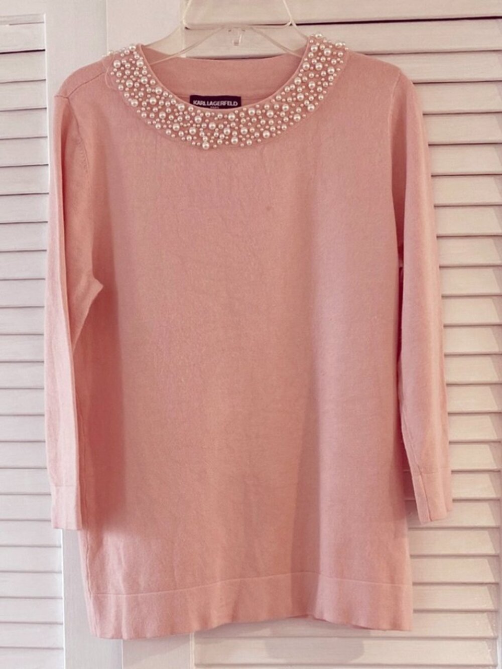 Karl Lagerfeld Pullover Sweater Pearl Embellished Baby Pink 3/4 Sleeves Small